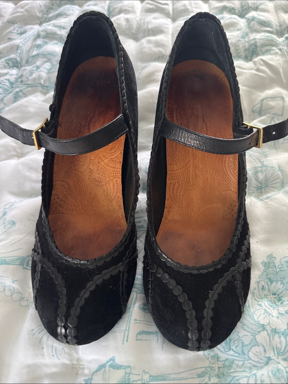 Chie Mihara Black Suede Mary Jane Heels with Strap